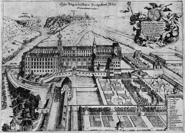 Premonstrátský klášter ve Znojmě na dobovém vyobrazení ze 17. století.