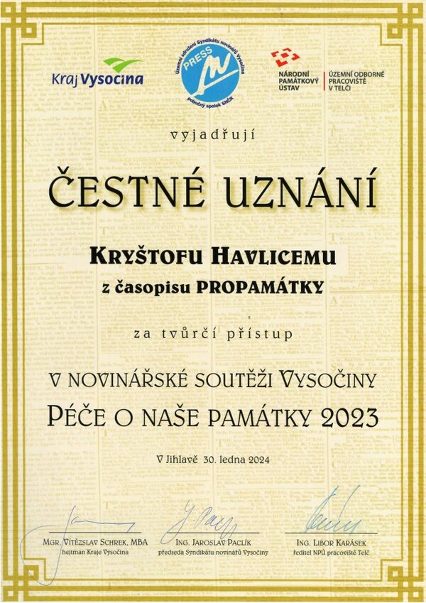 Čestné uznání pro Kryštofa Havliceho