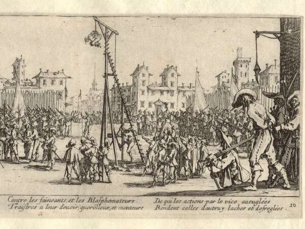 Jacques Callot, Šibenice z cyklu Utrpení a hrůzy války, 1632 lept, papír (výřez)