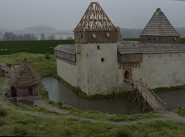 Posledním dokončeným modelem Karla Lhotského je Horní tvrz v Kestřanech u Písku z roku 1455.