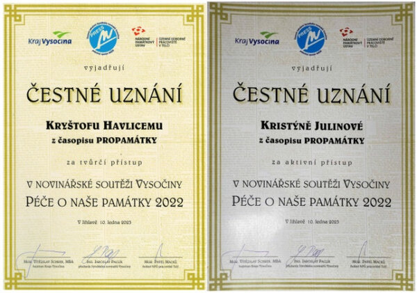 Ocenění redaktorů týmu PROPAMÁTKY v novinářské soutěži Vysočiny